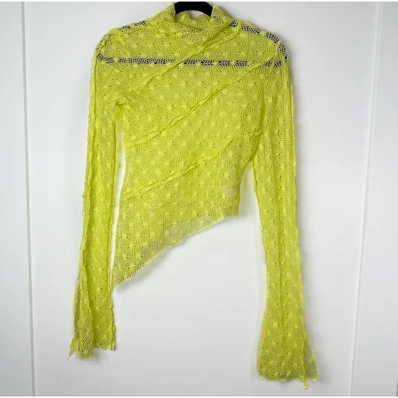 KIM SHUI Exclusive Asymmetrical Sheer Crochet Turtleneck Top Neon Yellow Size S - Picture 4 of 12